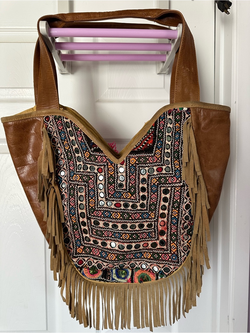 Boho Leather Embroidered Fringe Tote Shoulder Bag with Zipper top Clousure